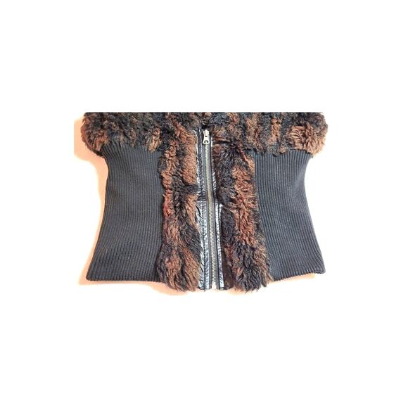 Womens Sleeveless Brown Sweater Vest Faux Fur Collar L Glam Mob Wife Western - Picture 8 of 12